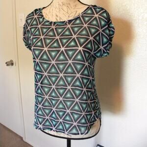 AGACI Geometric Pattern Top Pullover Blue Green Women size Small High-Low Hem